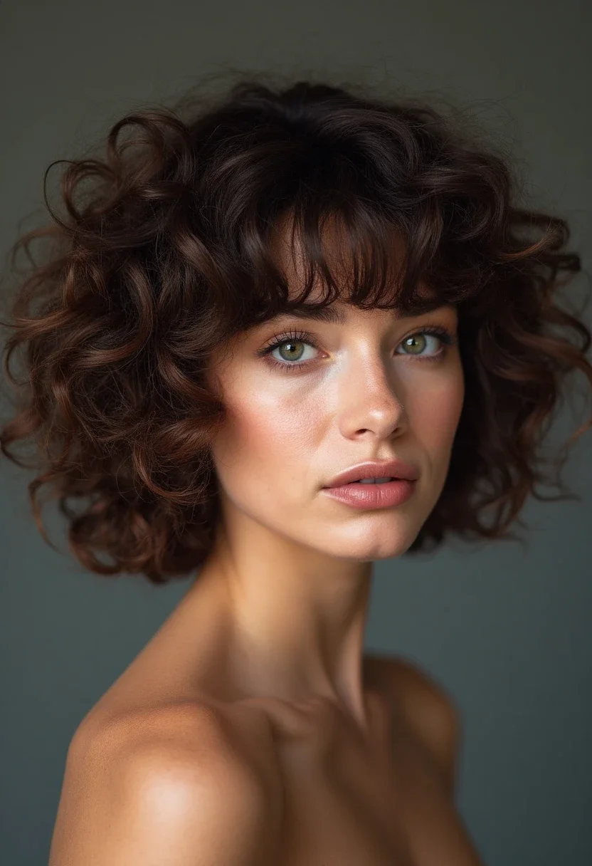 Woman with curly bob and bangs hairstyle