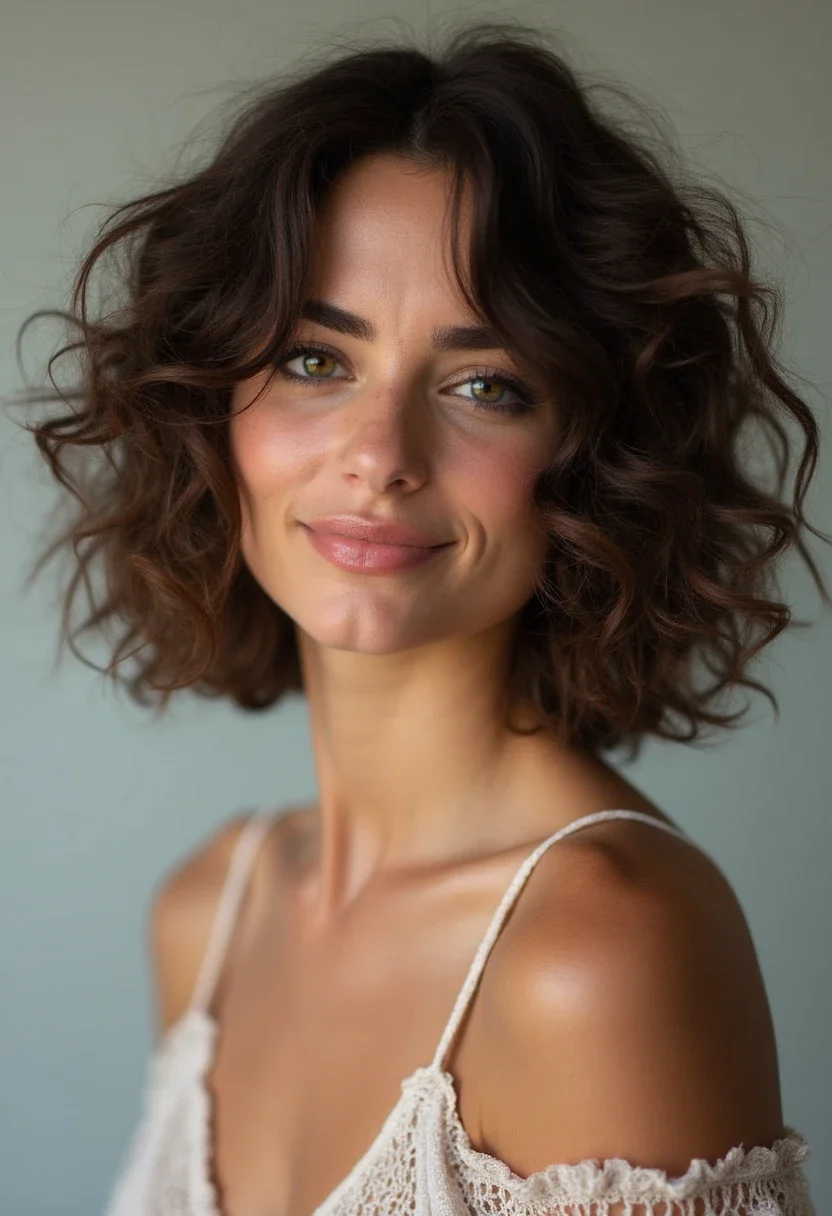 Woman with tousled curly bob hairstyle