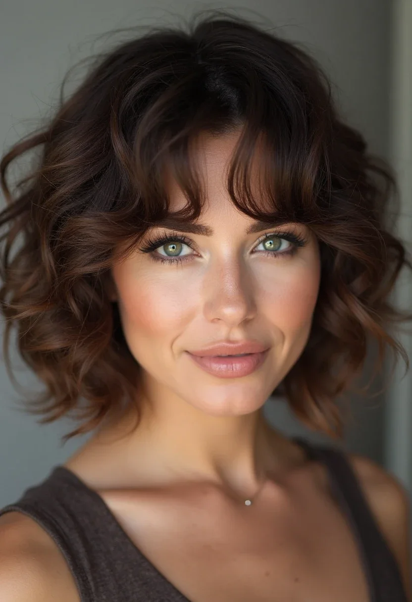 Woman with chin-length curly bob hairstyle