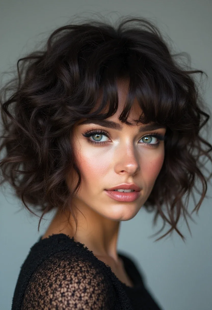 Asymmetrical curly bob with one side longer.
