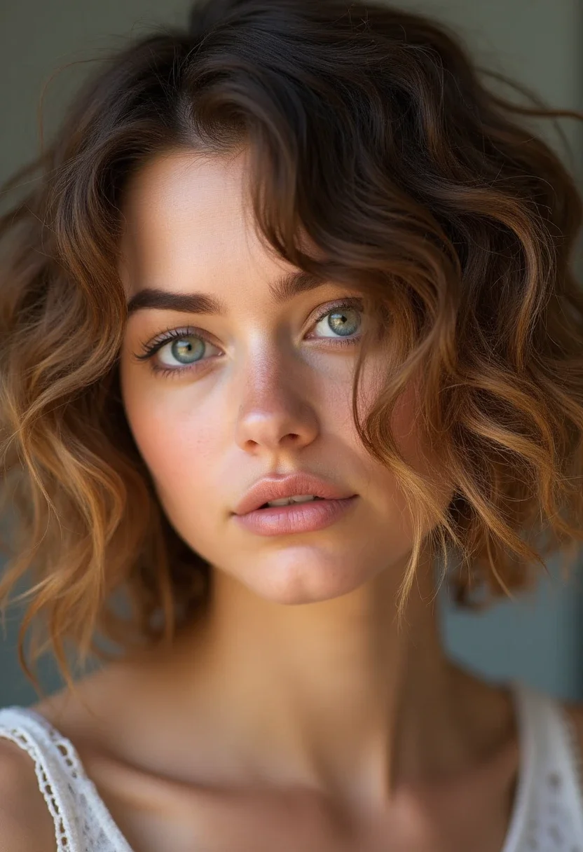 Curly bob with sun-kissed balayage highlights.