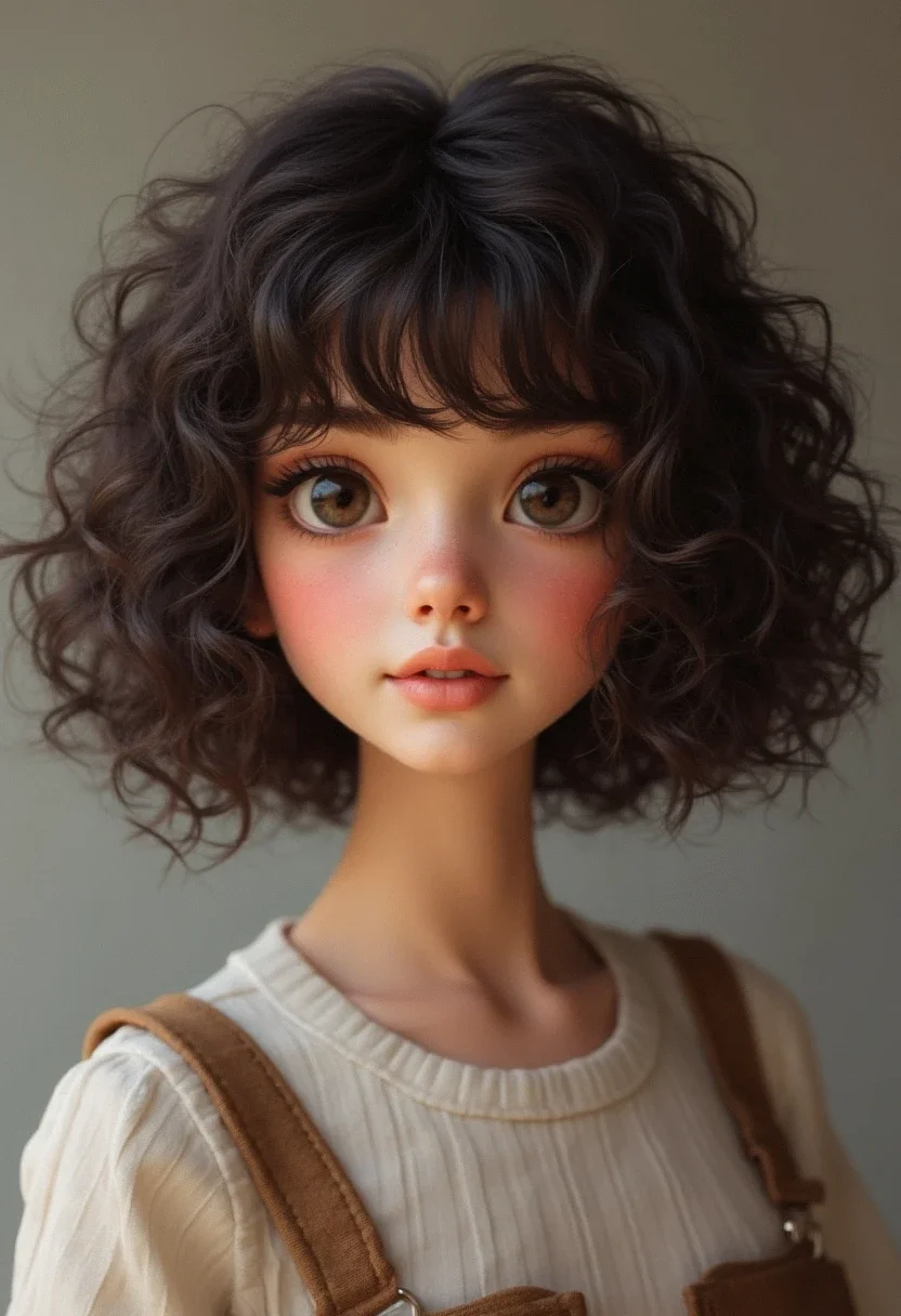 Curly bob with playful fringe.