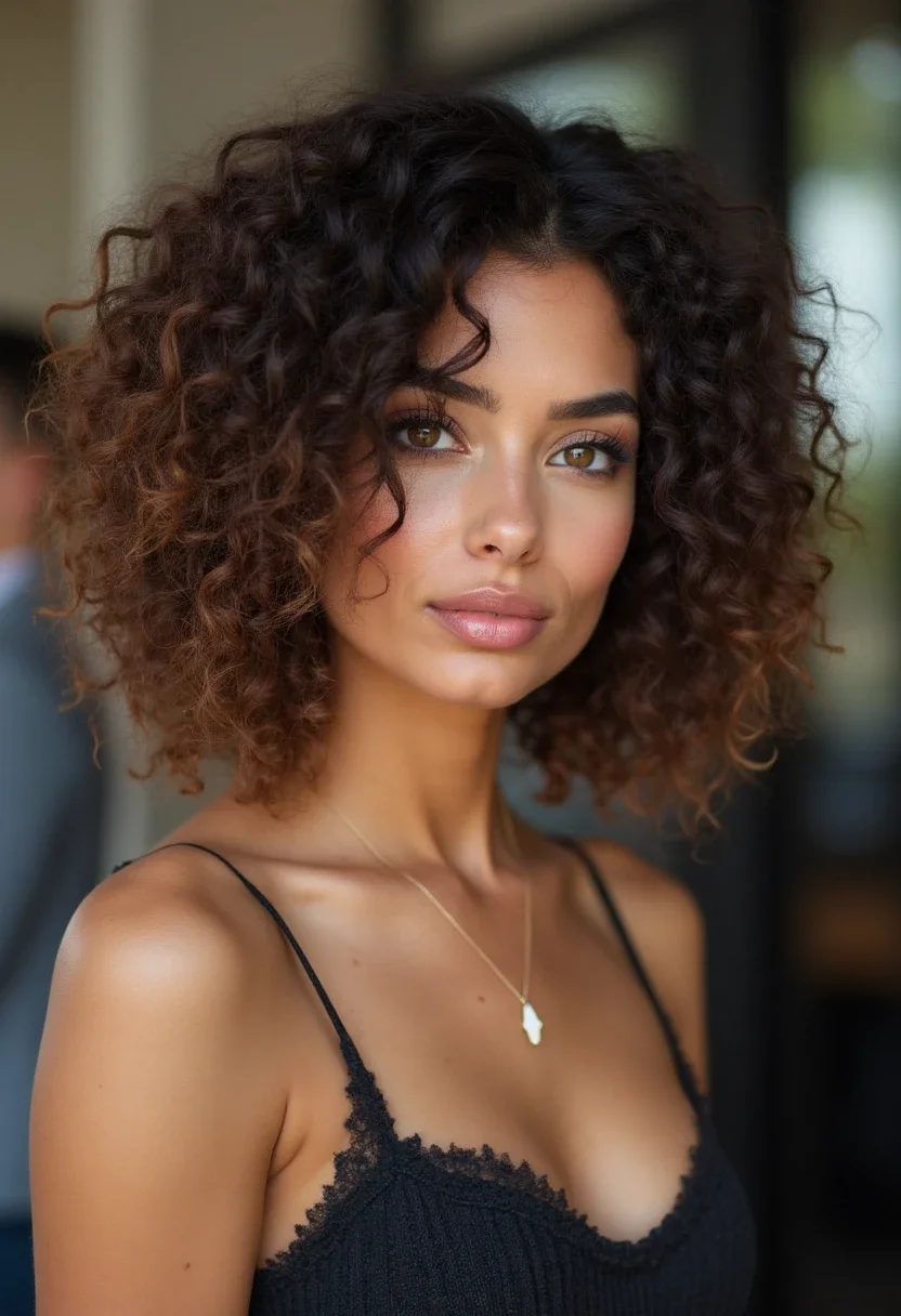 Inverted curly bob with stylish silhouette.