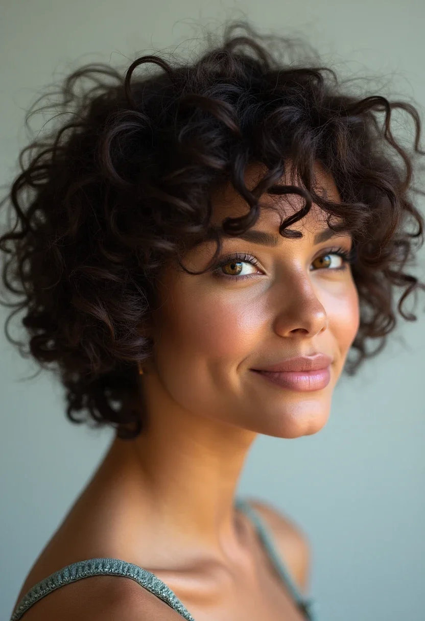 Curly bob with soft tapered ends.