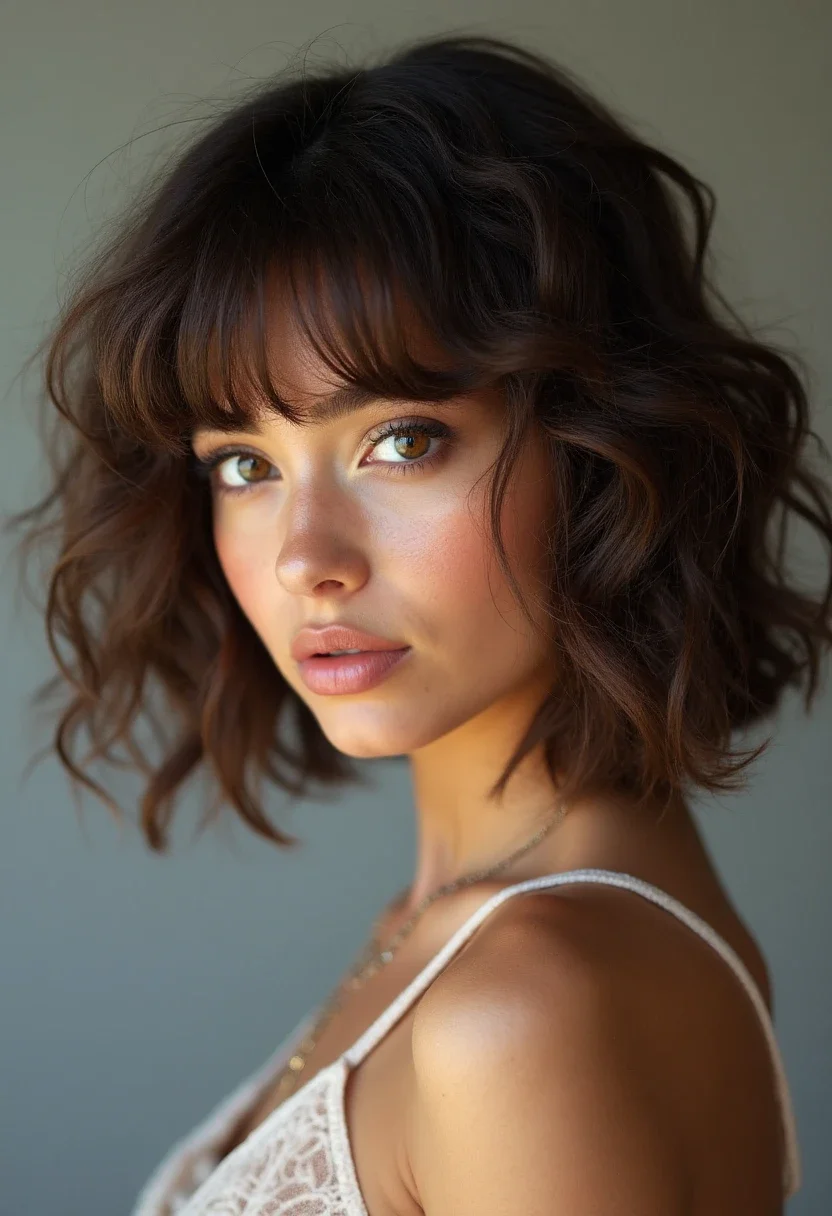 Curly bob with bangs for a youthful look.