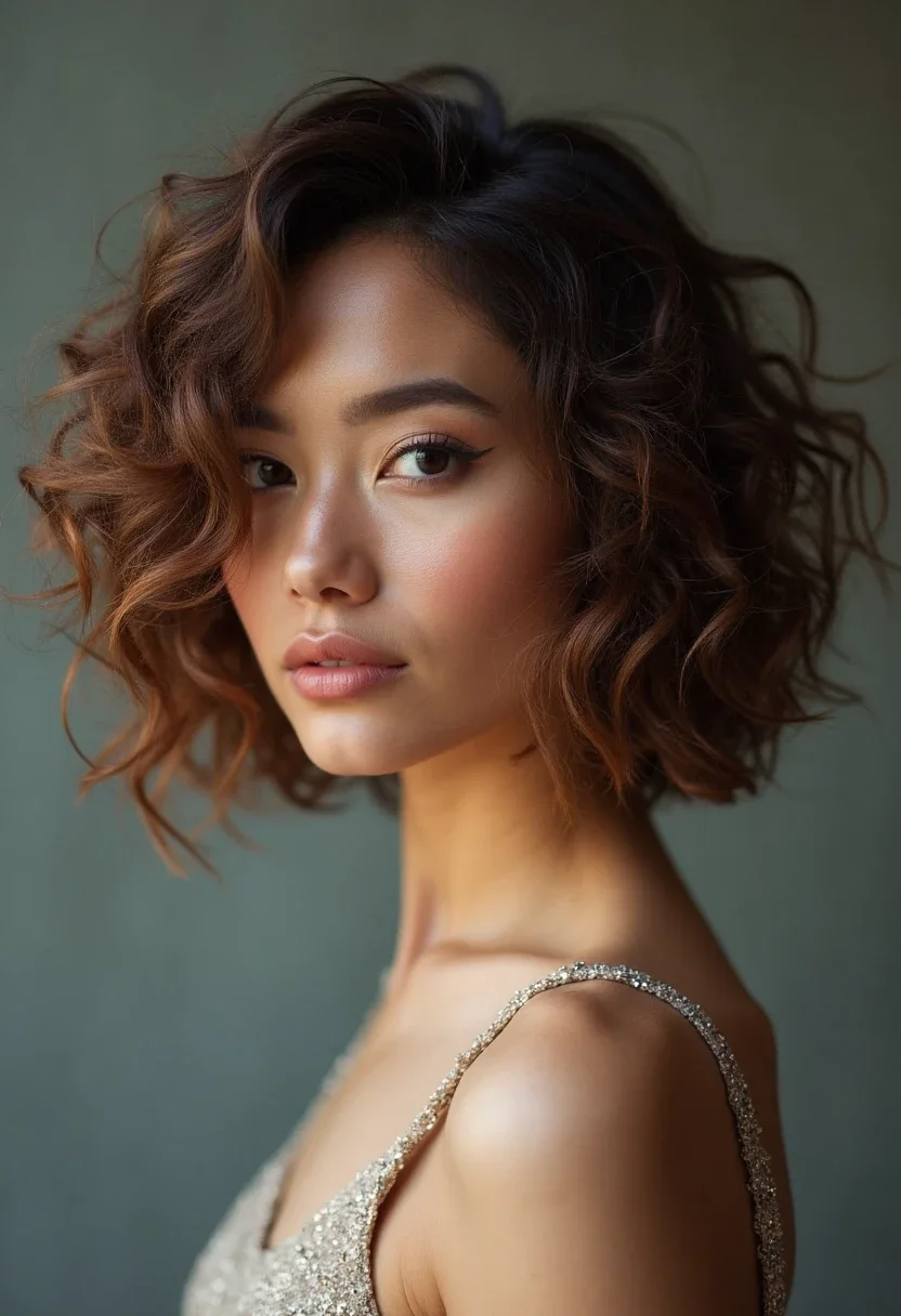 Layered curly bob with enhanced volume.