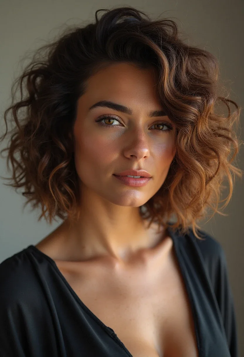 Curly bob with highlights for added dimension.