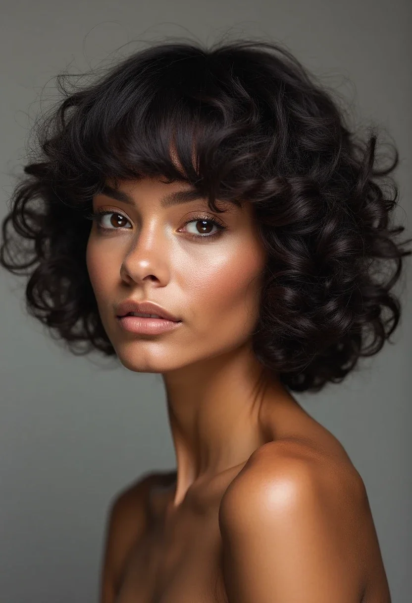 Blunt curly bob with striking silhouette.