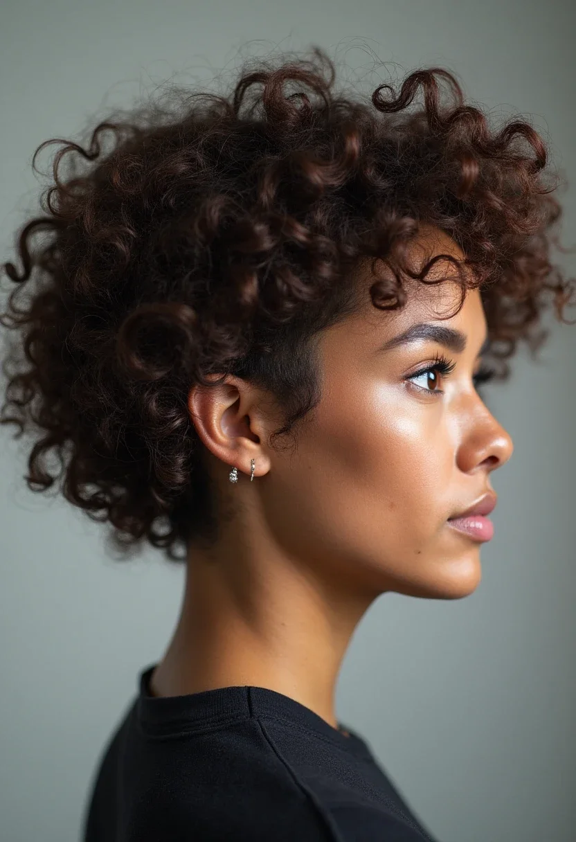 Curly bob with edgy undercut style.