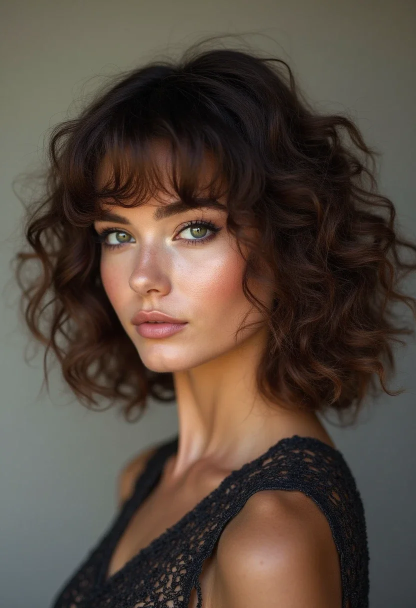 Shoulder-length curly bob for versatility.