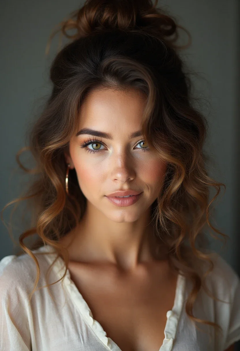 Curly hair styled in a half-up bun with loose curls.