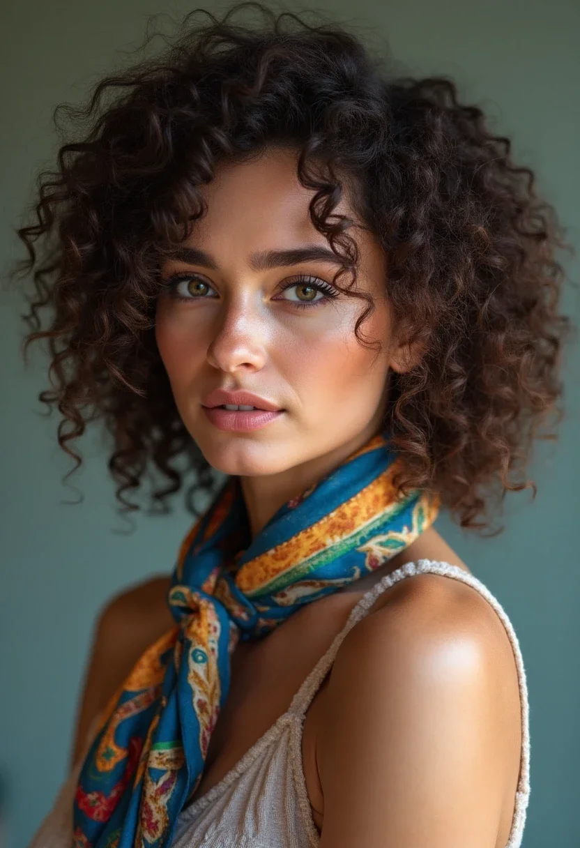 Curly hair styled with a colorful scarf.