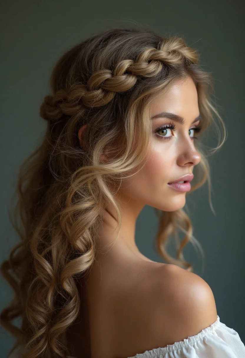 Twisted halo crown hairstyle with flowing curls.