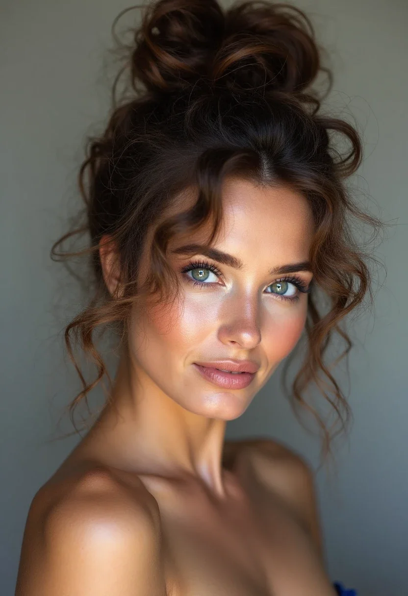 Curly hair styled in a messy top knot with loose curls.