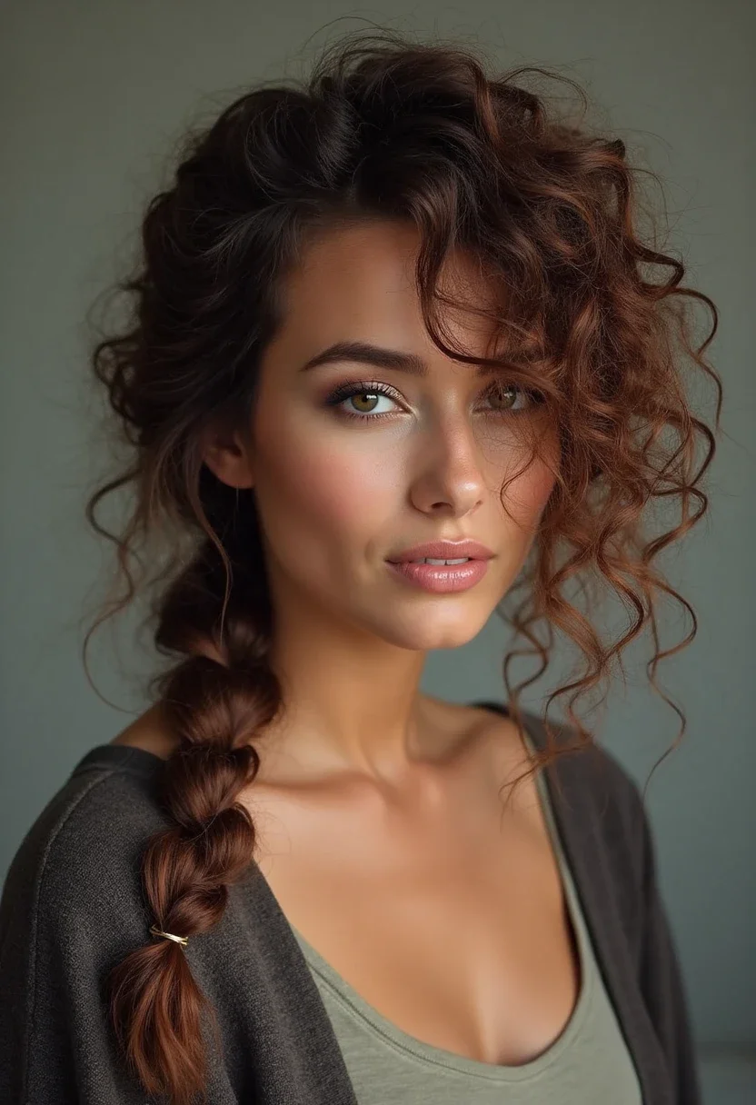 Curly hair styled in a loose side braid with escaping curls.