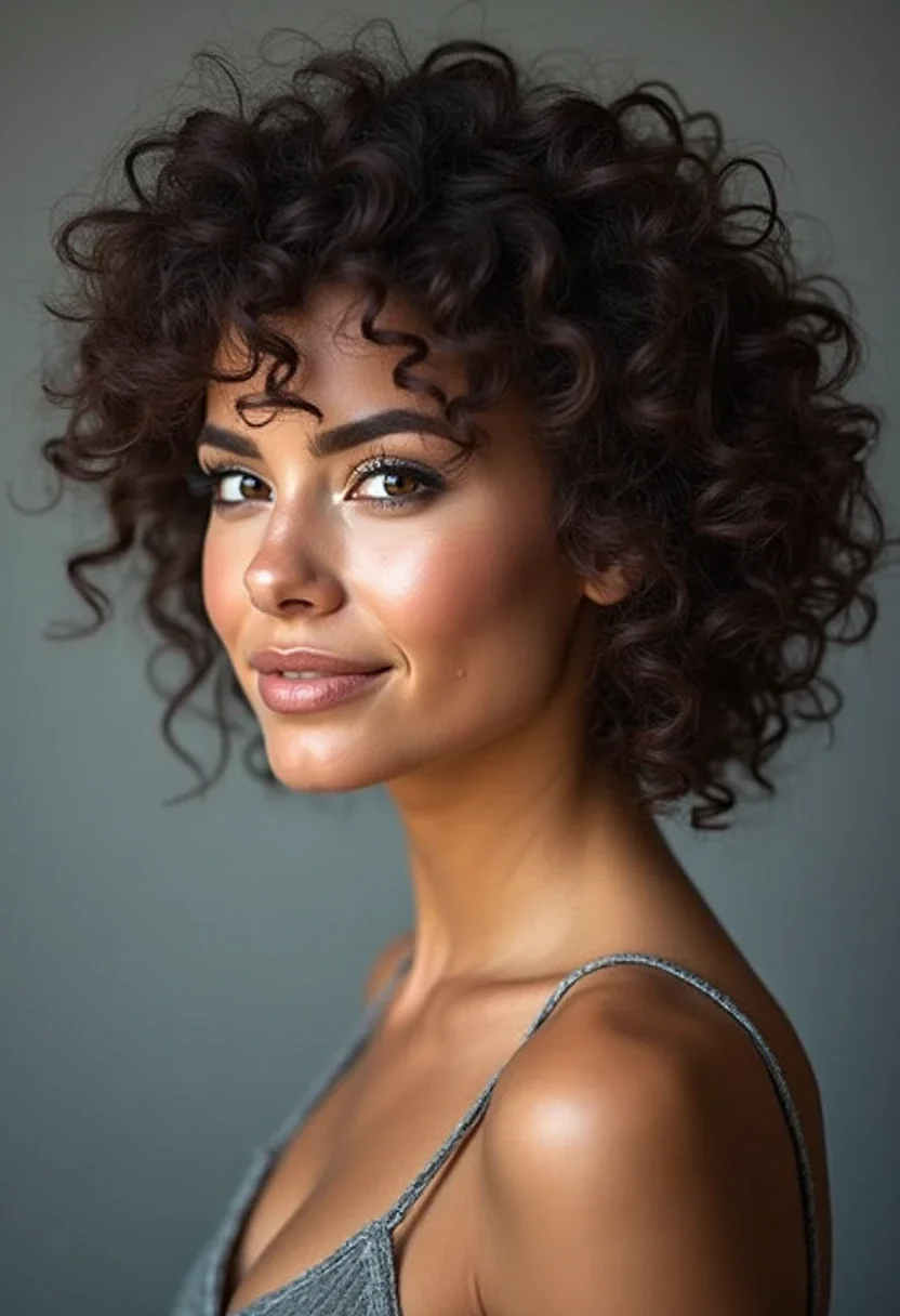 Curly hair styled in a low puff with a sleek finish.