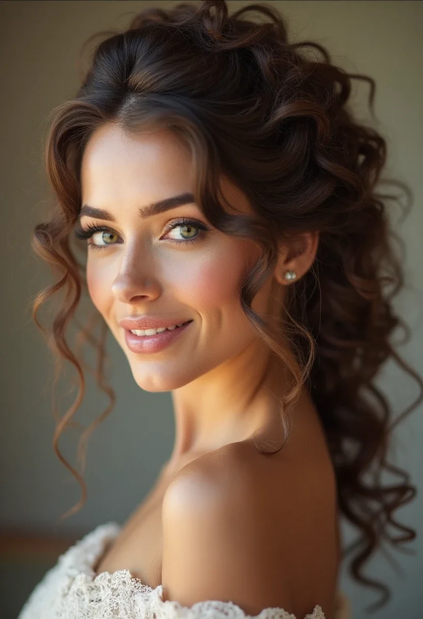 Romantic curly updo with cascading curls.