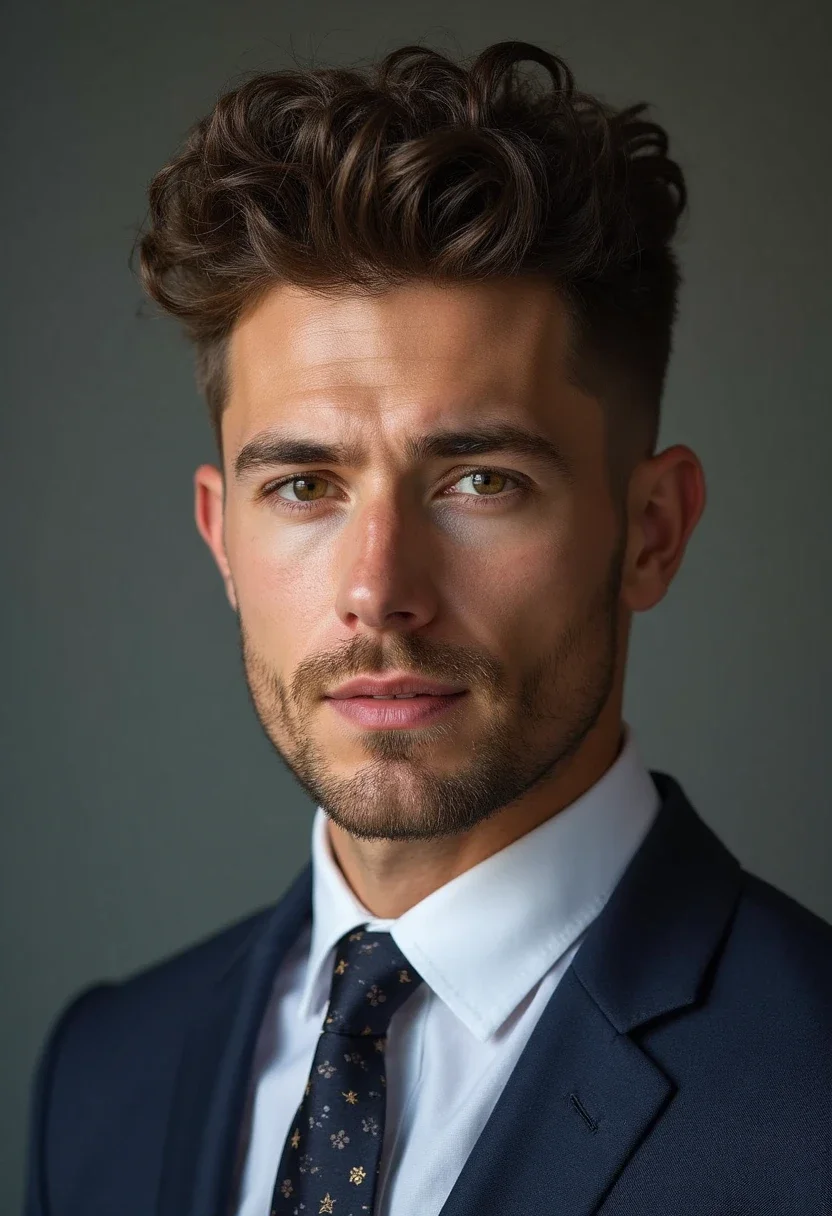 Man with curly slicked back hairstyle