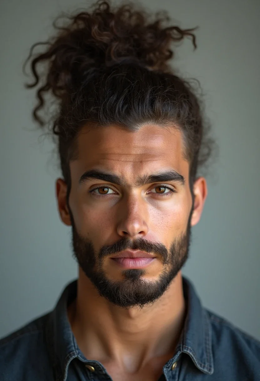 Man with curly man bun hairstyle