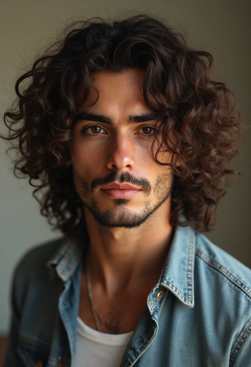 Man with long curly locks hairstyle