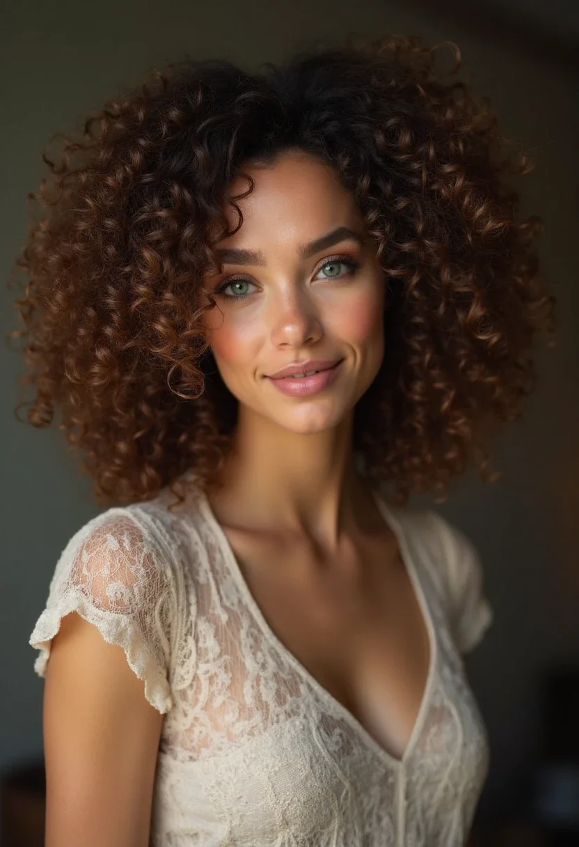 A woman with a voluminous curly bob, showcasing lively and bouncy curls.