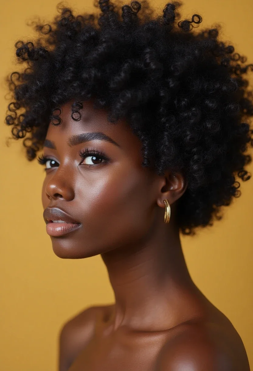 A woman with a short curly afro, showcasing a bold and natural hairstyle.