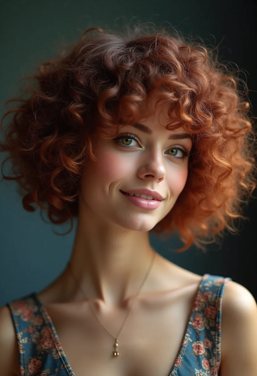 A woman with a curly bowl cut, highlighting a retro-inspired and stylish look.