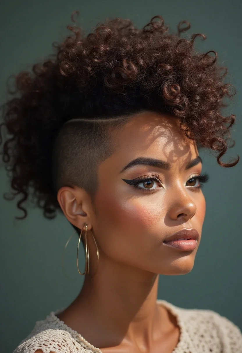 A woman with a curly faux hawk, showcasing a playful and edgy hairstyle.