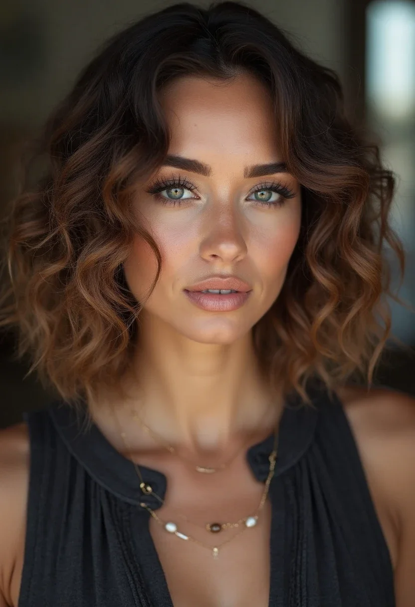 A woman with a curly bob and side part, highlighting a classic and elegant hairstyle.