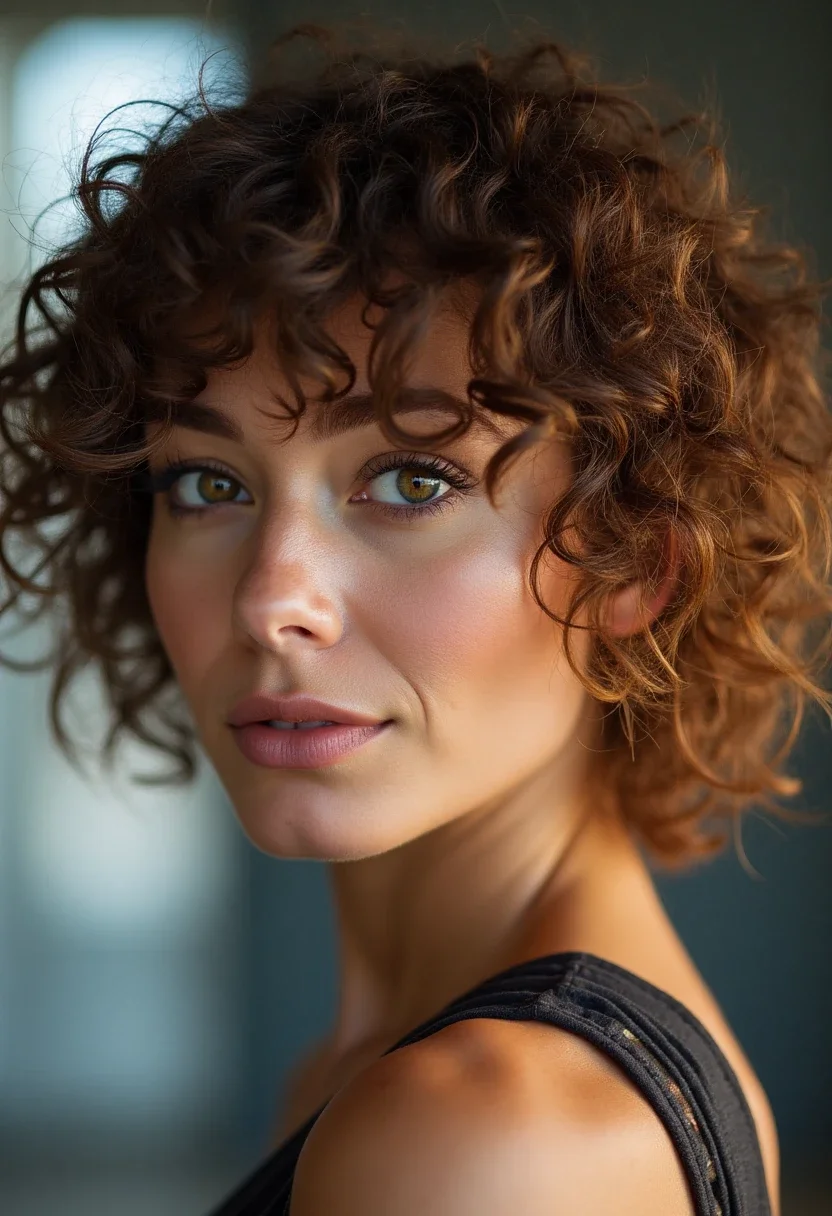 A woman with a short curly hairstyle and highlights, highlighting vibrant and dimensional curls.