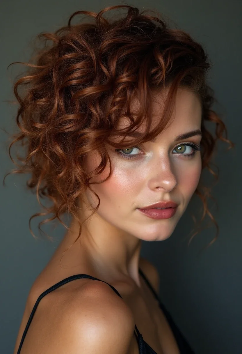 A woman with an asymmetrical curly crop, showcasing a bold and unique hairstyle.