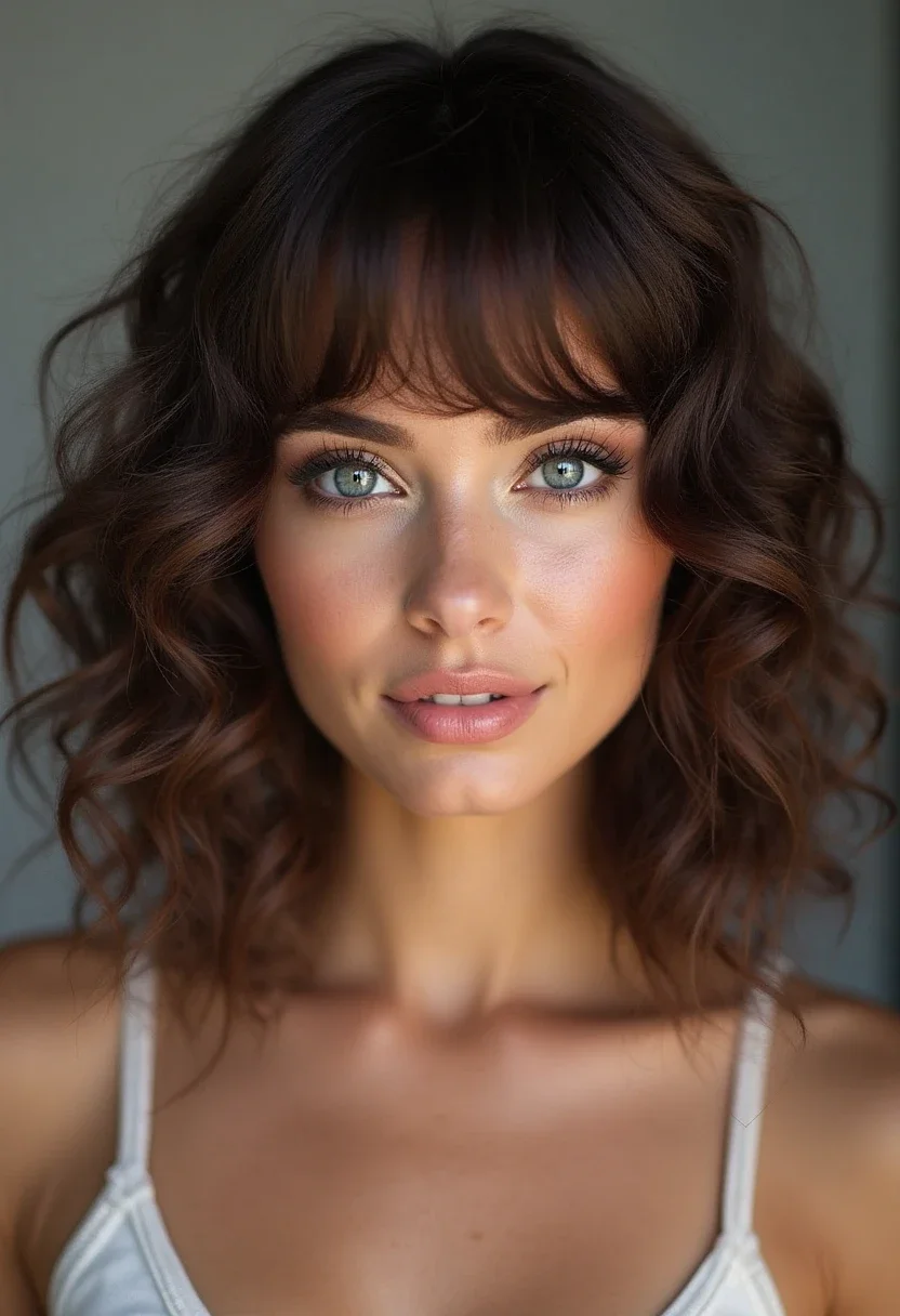 A woman with a curly shag hairstyle, showcasing playful layers and soft bangs.