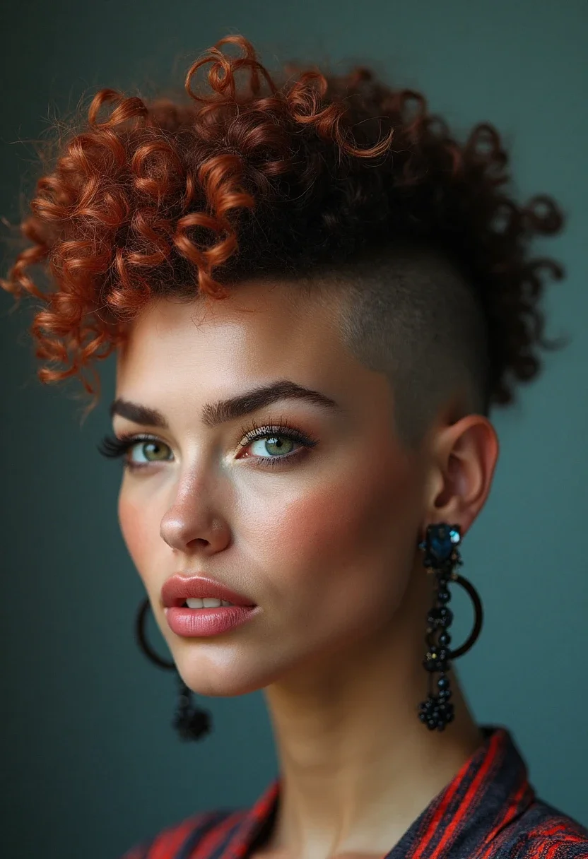 A woman with a curly mohawk, showcasing an edgy and bold hairstyle.