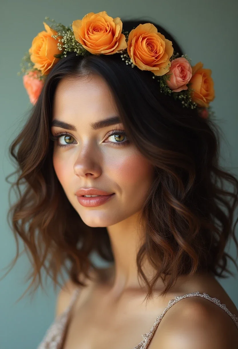 Woman with loose waves and a floral crown.