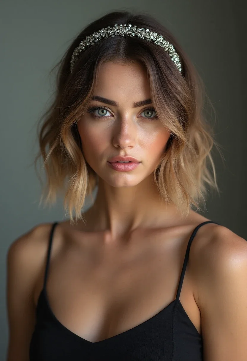 Woman with chic bob hairstyle and sparkling headband.