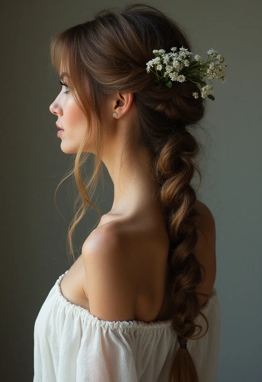 Woman with fishtail braid hairstyle and small flowers.