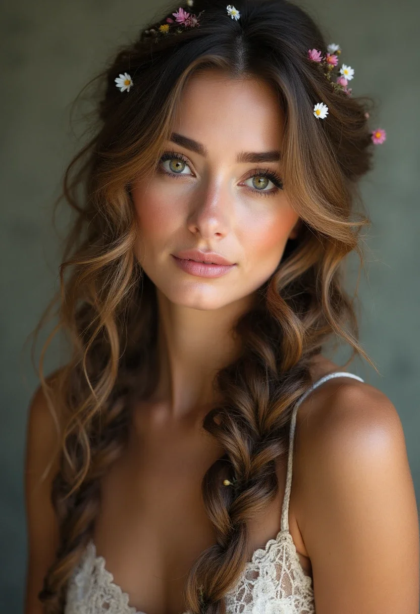 Woman with boho braids and small flowers.
