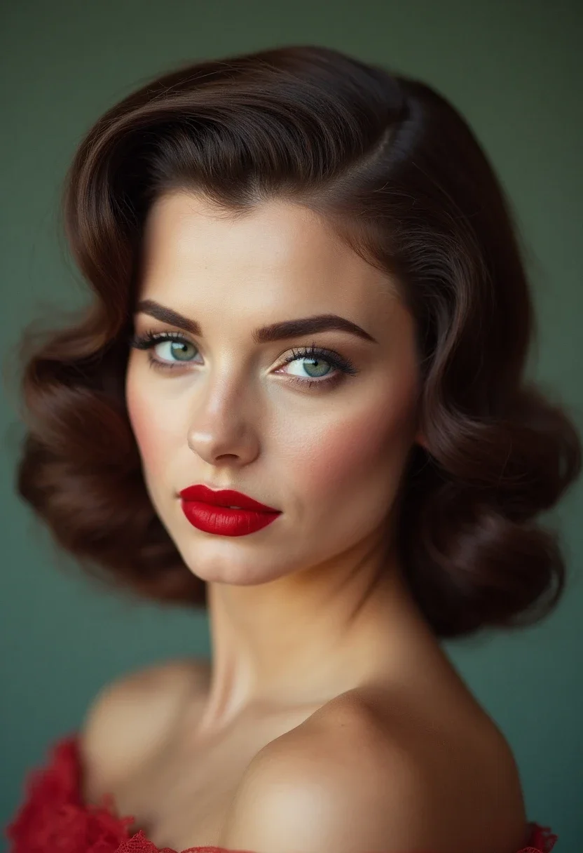 Woman with vintage victory rolls hairstyle and red lipstick.