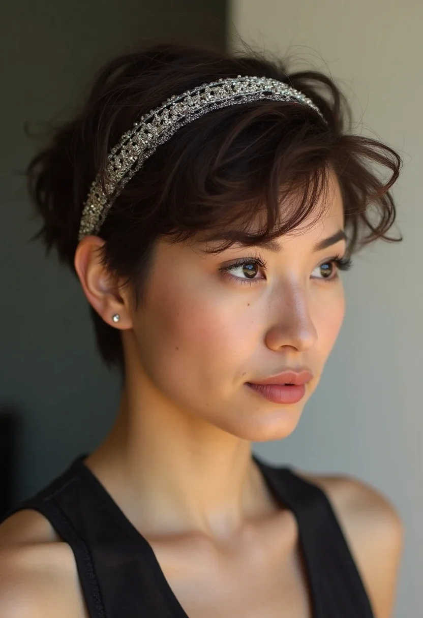 Woman with modern pixie hairstyle and decorative headband.