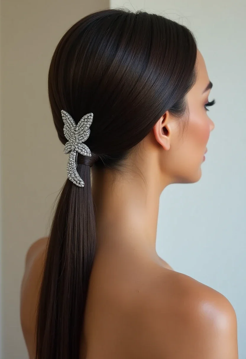 Woman with sleek low ponytail and silver hair clip.