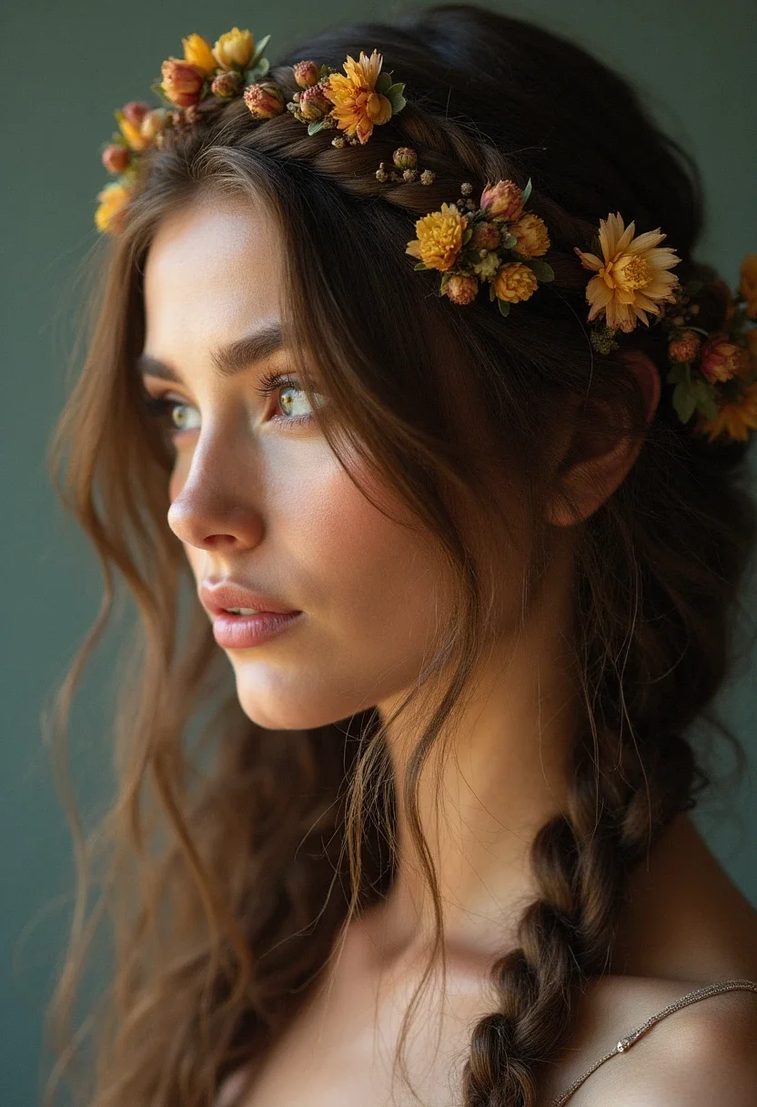 Woman with braided crown hairstyle and small flowers.