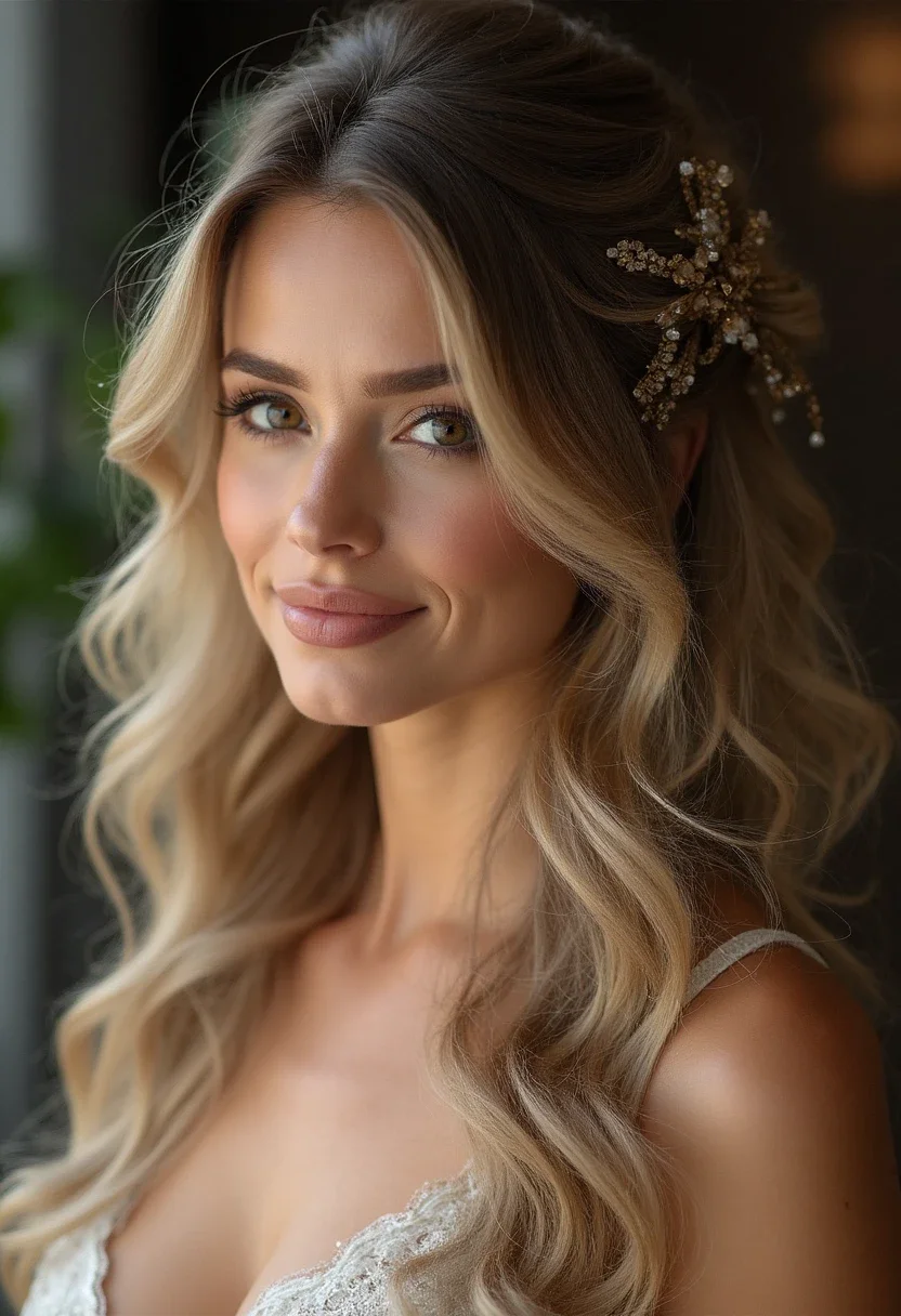 Woman with half-up half-down hairstyle and decorative clip.