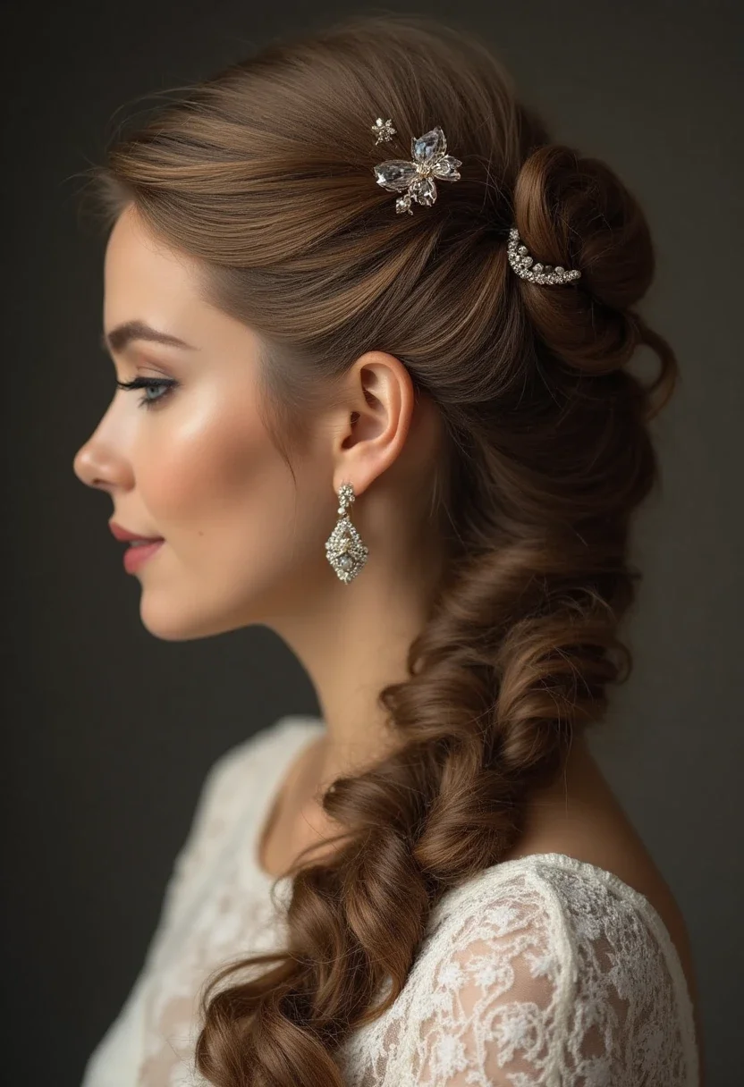 Woman with elegant French twist hairstyle and jeweled hairpins.