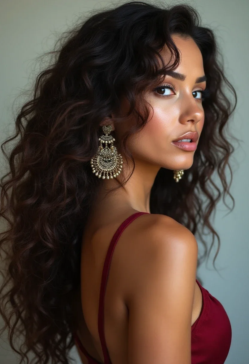Woman with voluminous curls and statement earrings.