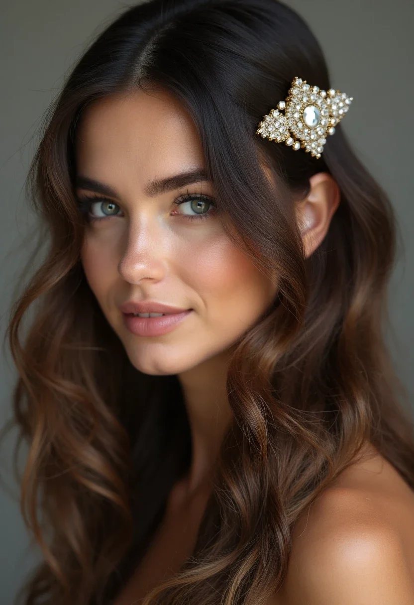 Woman with side-swept hair and jeweled barrette.