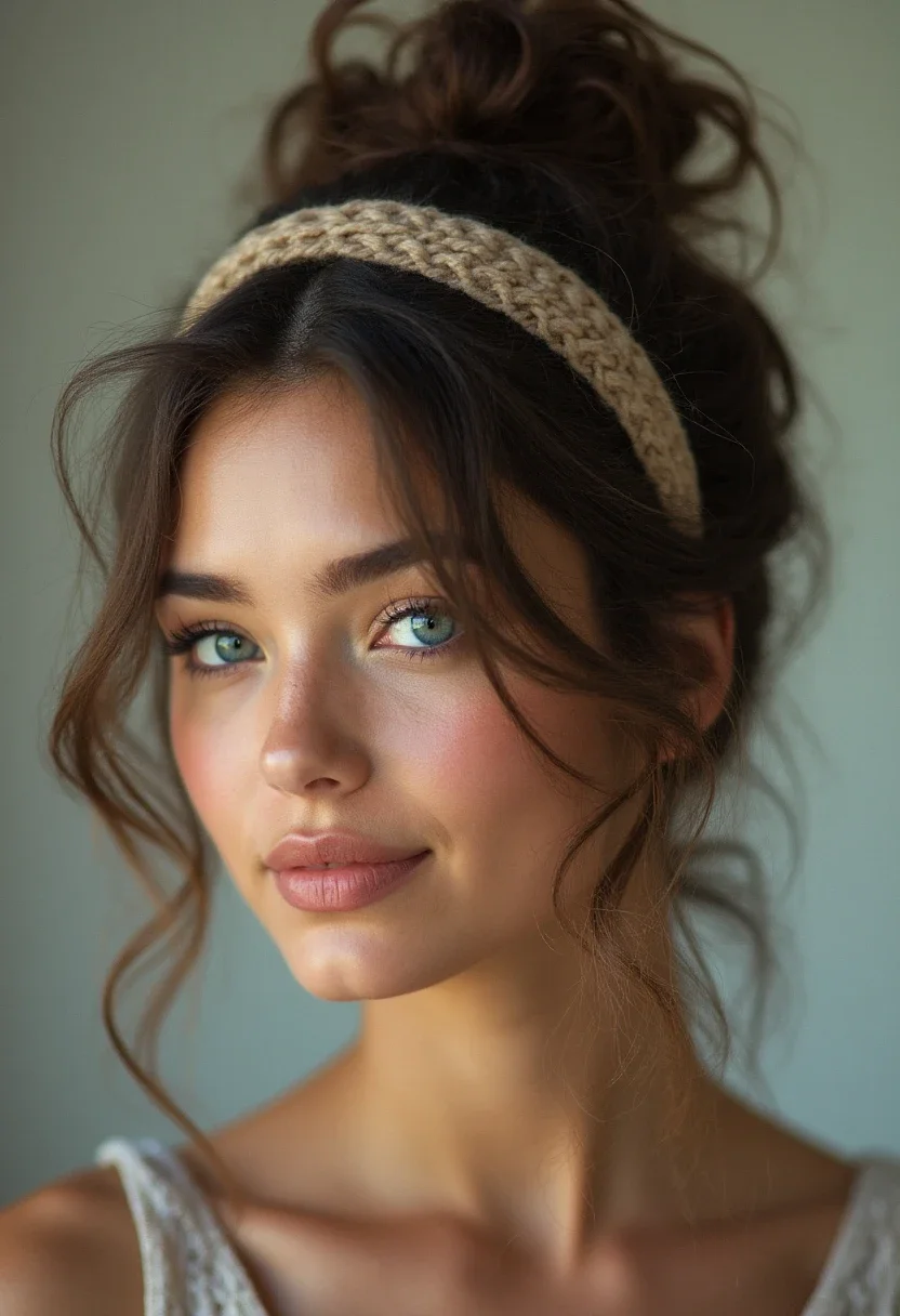 Woman with messy bun hairstyle and headband.