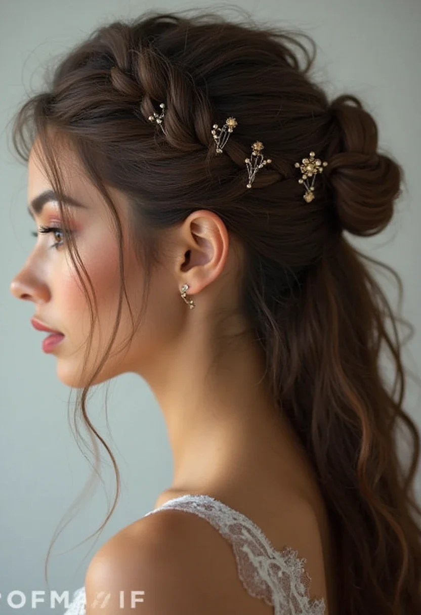 Woman with twisted updo hairstyle and decorative pins.