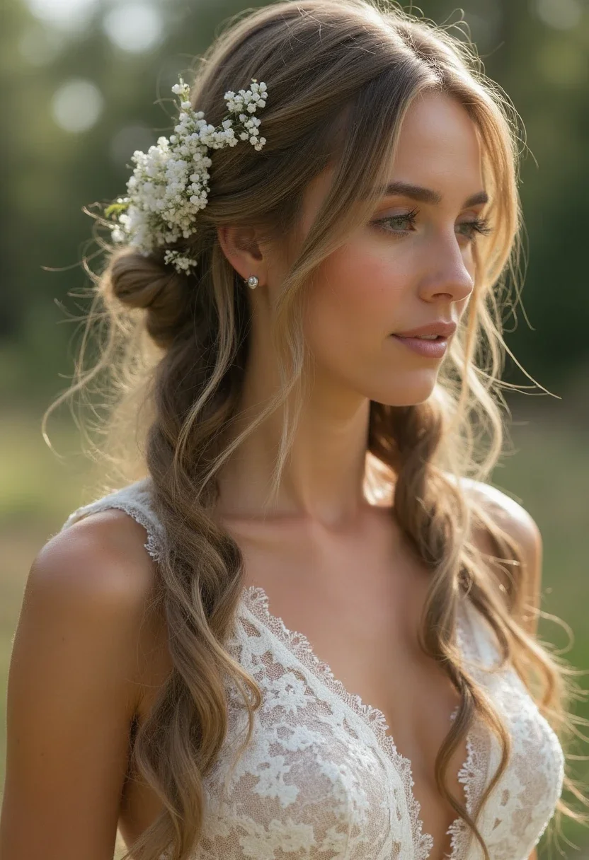 Bride with bohemian braids and floral accents.