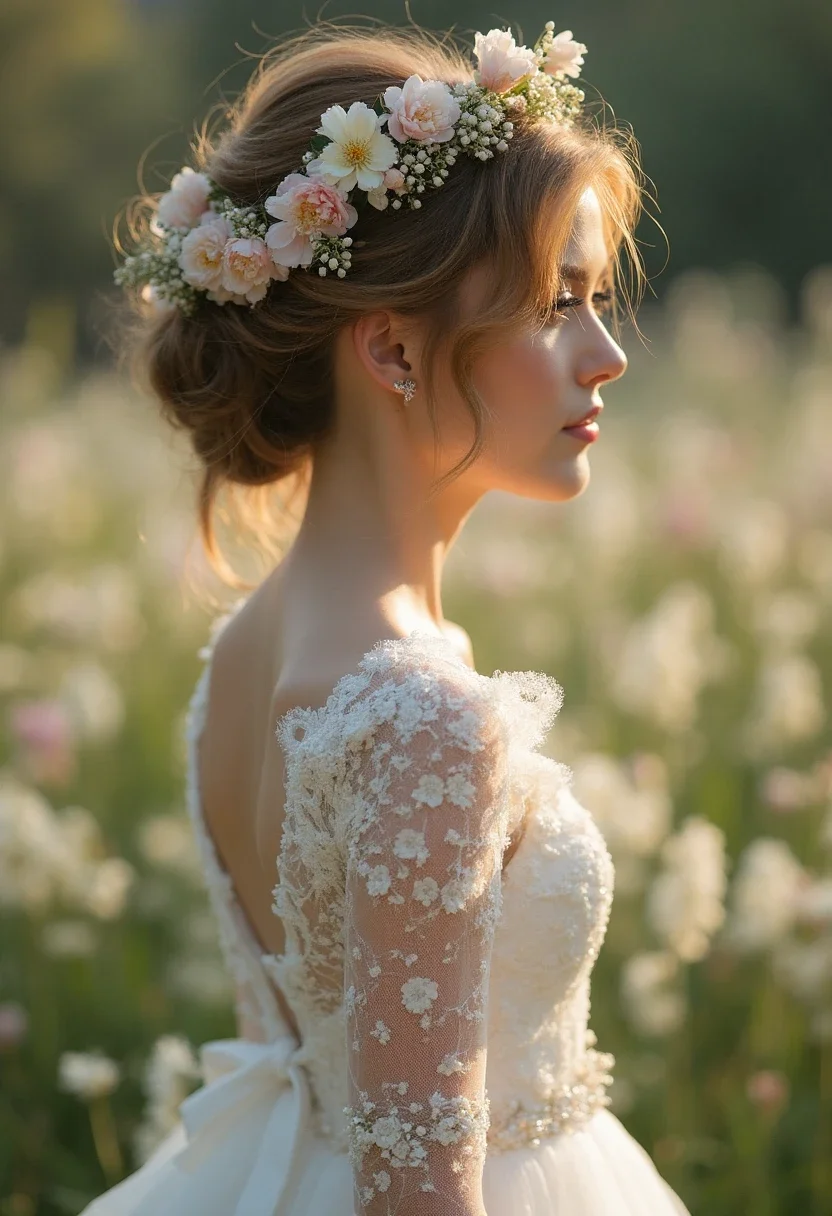 Bride with a floral updo hairstyle.