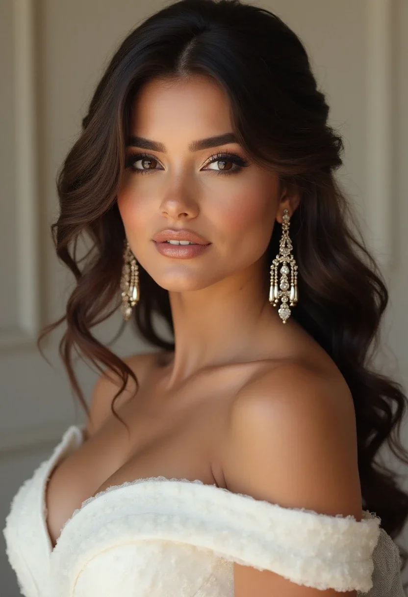 Bride with side-swept curls hairstyle.